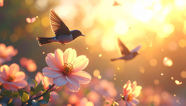 Bird flying over cosmos flower in golden sunlight