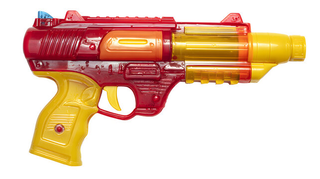 toy cutout of red and yellow water gun, colorful summer play accessory with glossy plastic finish, sharp focus, clean edges high definition, isolated on white background
