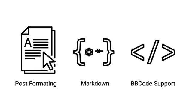 Digital content creation and formatting icons featuring text editing markdown syntax and bb code programming support formatting markdown programming development document creation technology