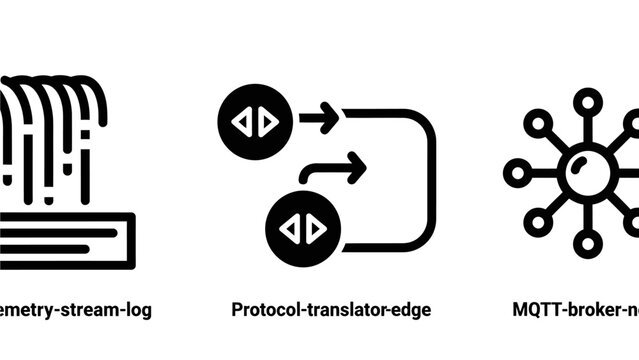 Data stream protocol translator and message broker technical network icons set protocol translator technology computing information internet infrastructure software connection communication