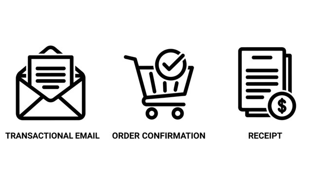 Transactional email order confirmation payment receipt business document icons with transactional confirmation business document shopping commerce management marketing communication purchase