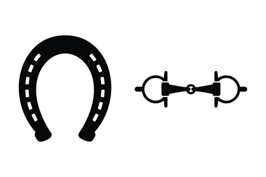 Horseshoe and horse bit illustration with riding tack, animal husbandry