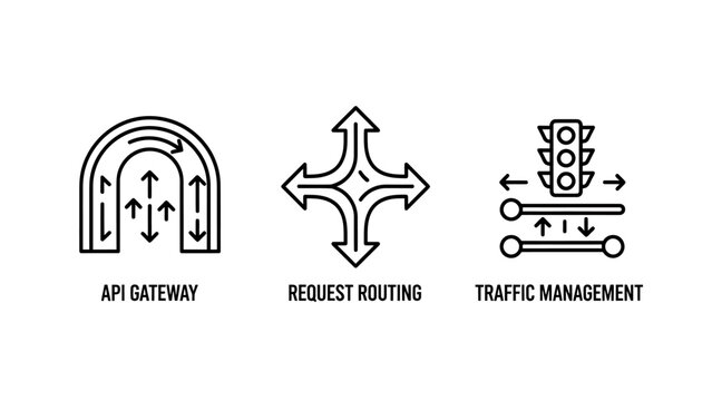 Set of computer network infrastructure icons representing api gateway request routing traffic management concepts management infrastructure communication connection internet technology