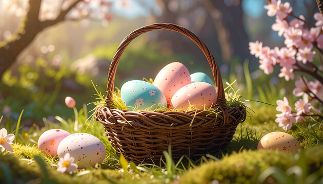 Easter eggs in wicker basket on green moss