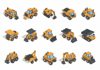 Collection of yellow construction vehicles in isometric view. © berkah nikah