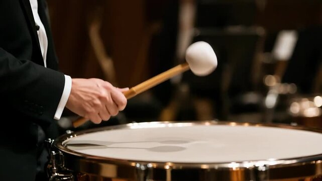 A professional musician in a formal tuxedo prepares to strike the copper timpani with a mallet, capturing the silent anticipation before the resonant beat of an orchestral concert performance.
