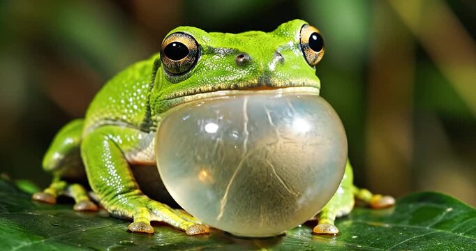 Green Tree Frog Inflating Throat Sac on a Leaf in the Wild
