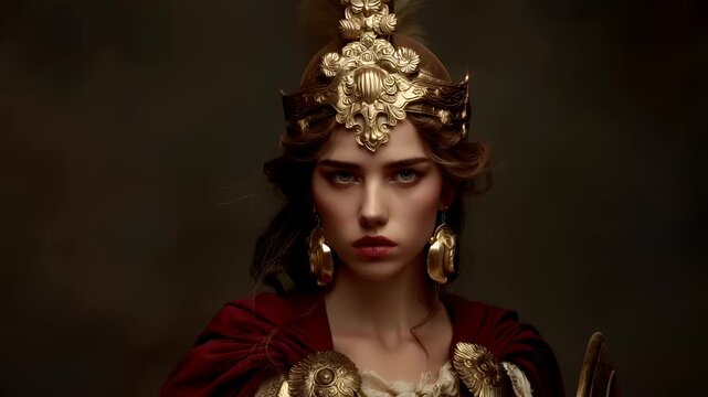 Greek mythology god Athena. Fantasy. A detailed digital artwork depicts a regal female warrior. She wears a golden headdress with intricate patterns and designs, and large, ornate earrings.