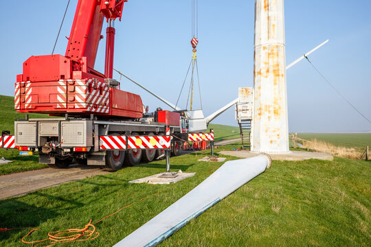 Demolition of Old Rusty Wind Turbine in Tollebeek Netherlands