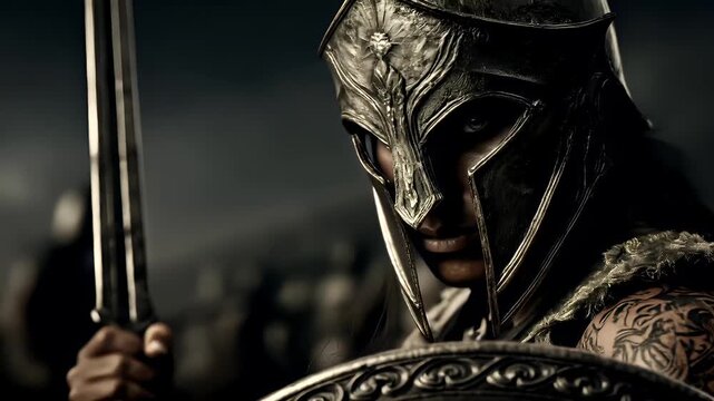 Greek mythology god Athena. Fantasy. A closeup of a warriors face and upper torso. The warrior wears a detailed, ornate helmet with intricate patterns and a face shield.