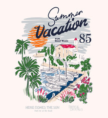 Naklejka premium Tropical Summer Drawing for Amalfi coast illustration. Summer Vacation 85. Hand Drawing Beach Artwork. Vintage T shirt Design. 