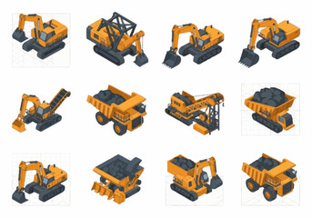 Collection of yellow construction and mining heavy machinery vehicles. © berkah nikah