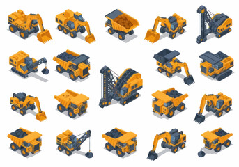 Collection of Isometric Construction and Mining Vehicles. © berkah nikah