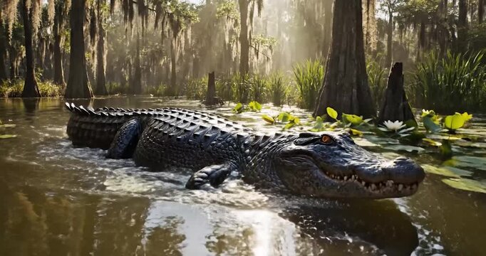 Large alligator swimming through misty swamp water in a cypress forest