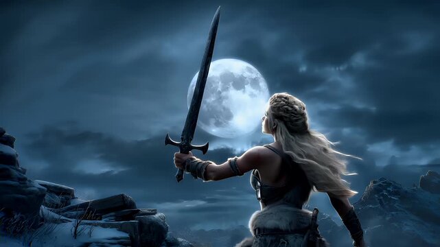 Fantasy wallpaper. A fantasythemed digital artwork depicts a female warrior in a side profile. She wields a large, ornate sword with intricate designs and a furlined cloak. Her long.