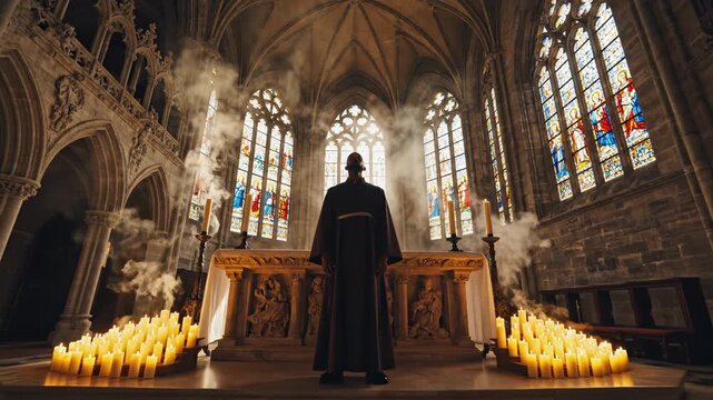 Clergyman in a cathedral with candles perfect for UI/UX design and motion graphics
