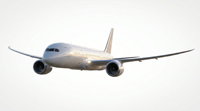 Modern commercial airplane in flight front view with twin engine airplane aircraft transportation aviation commercial aeroplane airliner passenger perspective on transparent background