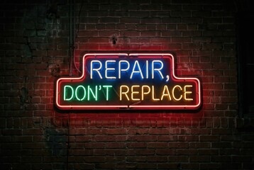 Obraz premium Repair Dont Replace glowing neon text sign illuminated on a brick wall