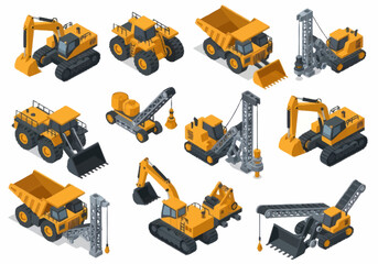 Collection of Yellow Construction Vehicles and Equipment Isometric Illustrations. © berkah nikah