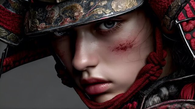 Fantasy wallpaper. A closeup portrait of a female warrior, captured in a side profile. She wears a detailed, ornate helmet with intricate red and gold patterns and tassels.