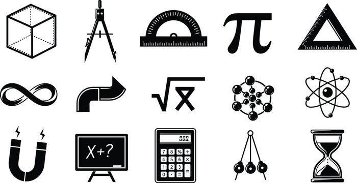 Mathematics and Science Icons Set Including Geometry, Formula, Calculator, Science, and Physics Symbols for Educational Vector Design