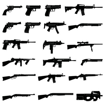 black and white vector silhouette set of gun types