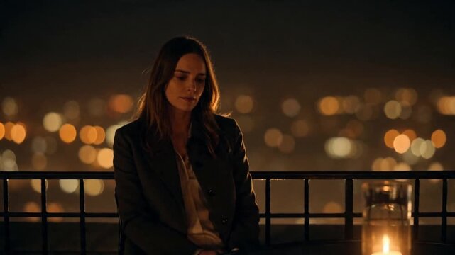 Pensive Woman Sitting on Balcony at Night with City Bokeh Lights and Candlelight
