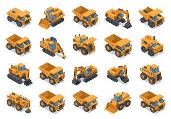 Collection of Yellow Construction Vehicles Isometric Icons. © berkah nikah