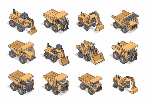Collection of yellow construction vehicles in isometric view.