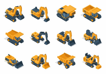 Collection of Isometric Construction Vehicles and Equipment. © berkah nikah