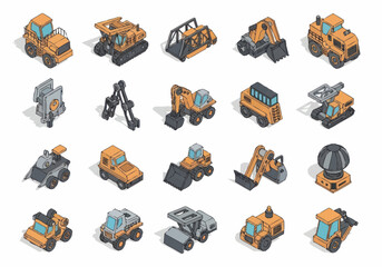 Collection of Construction Vehicles and Heavy Machinery Isometric Icons. © berkah nikah