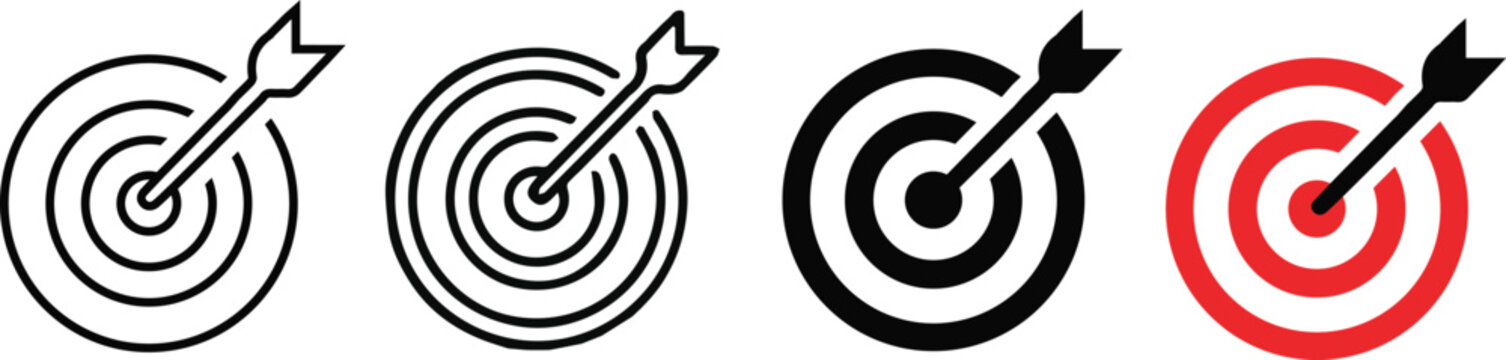 Business target and goal achievement icon set with arrow and bullseye in outline and solid style.