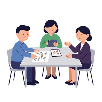 Three Professionals Handling Crisis with Flowchart Document Tablet and Charts at Meeting Table in Flat Design Vector Illustration on Transparent Background