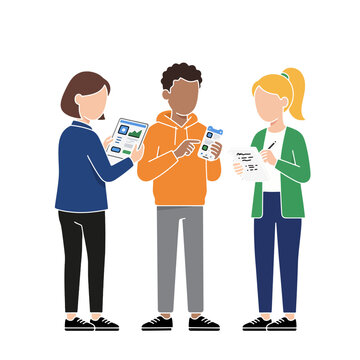 Three Diverse Testers Reviewing Digital App Screen and Smartphone Interface with Notepad During Testing Session in Flat Design Vector Illustration on Transparent Background