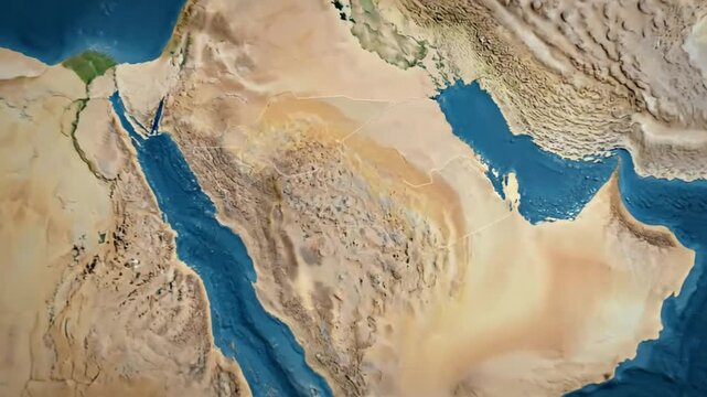 Zooming in on Saudi Arabia on a detailed globe with visible country outlines and dramatic lighting
