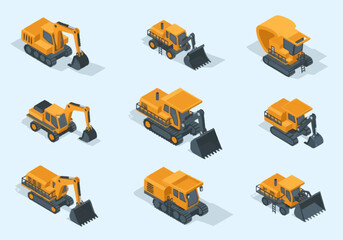 Set of Yellow Construction Vehicles in Isometric View. © berkah nikah