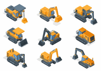 Collection of Isometric Construction Excavator Machines. © berkah nikah
