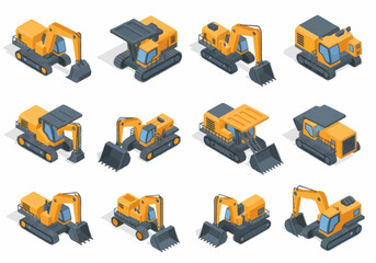 Collection of Yellow Construction Excavator Machines Isometric View. © berkah nikah