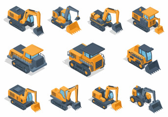 Collection of Isometric Construction Vehicles and Equipment. © berkah nikah