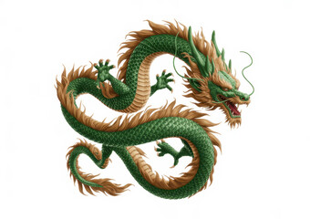 Fototapeta premium Detailed green chinese dragon with golden mane and scales isolated on a white background