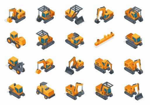 Collection of Construction Vehicles and Machinery Isometric Icons.