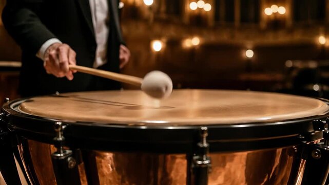 A taut and gleaming timpani drumhead awaits the decisive strike of a mallet held by a concert musician in an elegant symphony hall performance, capturing the precise moment of musical anticipation.