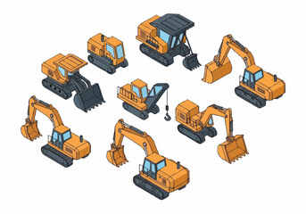 Collection of construction excavators and diggers in isometric view. © berkah nikah