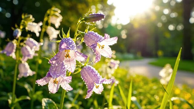 Morning sunlight shines on delicate bellflowers with water droplets in a tranquil park setting.