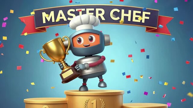 Cute robot chef holding golden trophy on winner podium. Culinary competition victory with confetti and master chef banner. Lockdown wide shot.