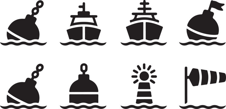 Maritime navigation vessels and sea markers collection featuring ships lighthouses buoys and windsock for nautical traffic control.