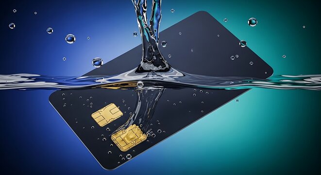 Water splashing and submerging a black smartphone with sim cards, highlighting