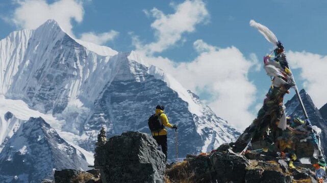 A traveler stands on a rocky viewpoint near prayer flags overlooking dramatic Himalayan peaks in Nepal.