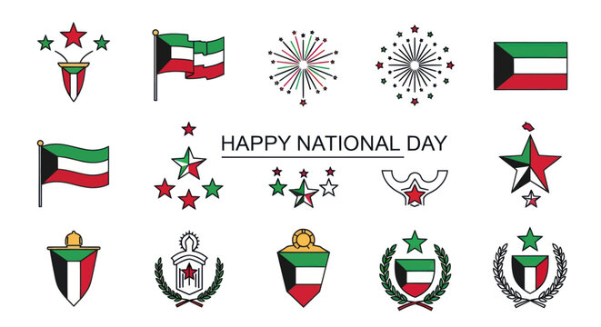 Kuwait National Day Celebration Icons: Flags, Fireworks, Stars, Emblems