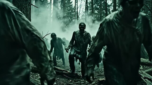 Zombies in forest with fog for outdoor lifestyle brands and nature documentaries